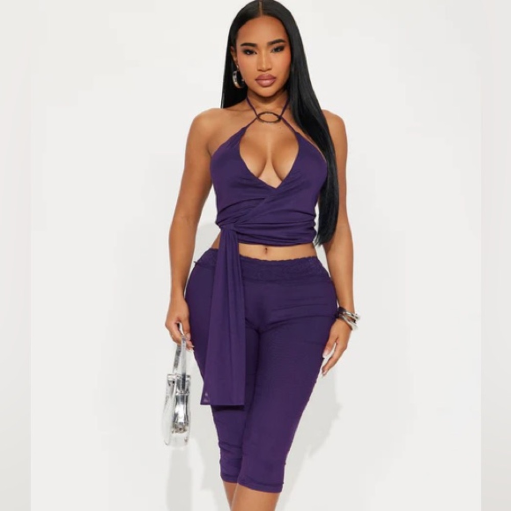 Fashion Nova Purple Halter Wrap Crop Top & Capri 2 PC Set NWT
